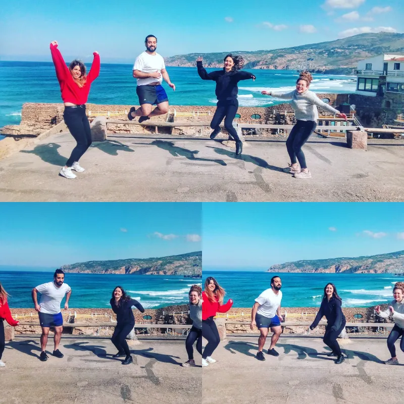 Jumping tourists in Lisbon, Portugal
